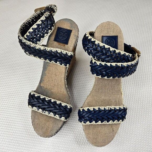 Tory Burch Lilah Wedge Espadrille Sandals Size 37.5 Us 7 Blue White - Picture 4 of 9
